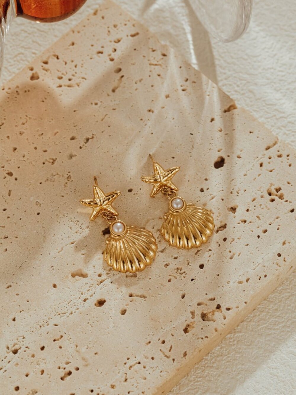Gold Starfish Seashell Pearl Earrings Beach Drop